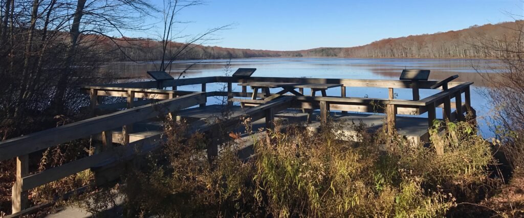 Pine Acres Lake observation deck at James L. Goodwin State Forest in Hampton, Connecticut