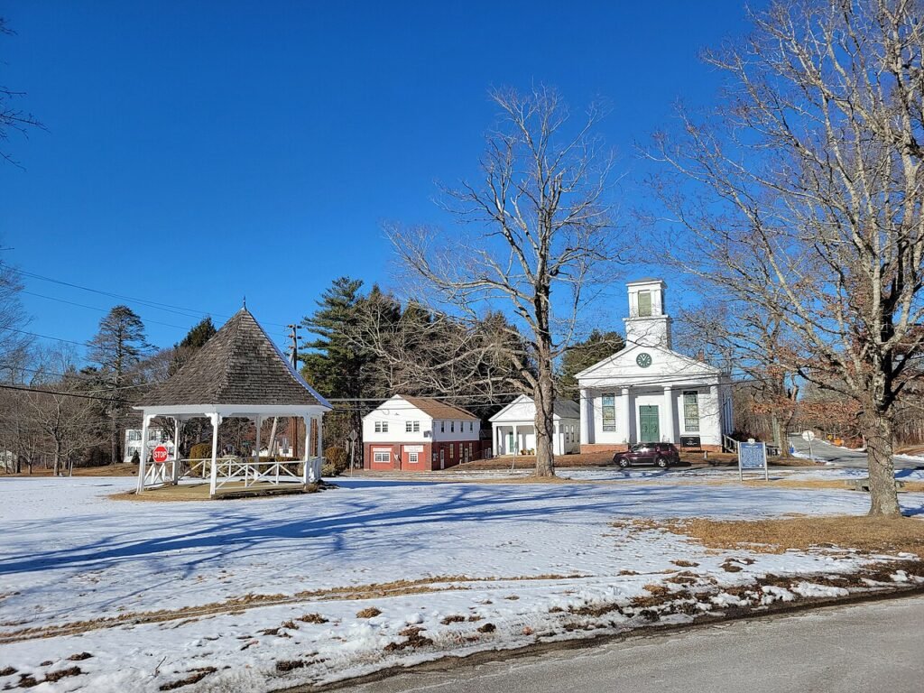 Town Green with gazebo and Huntington Congregational Church in Scotland, Connecticut
