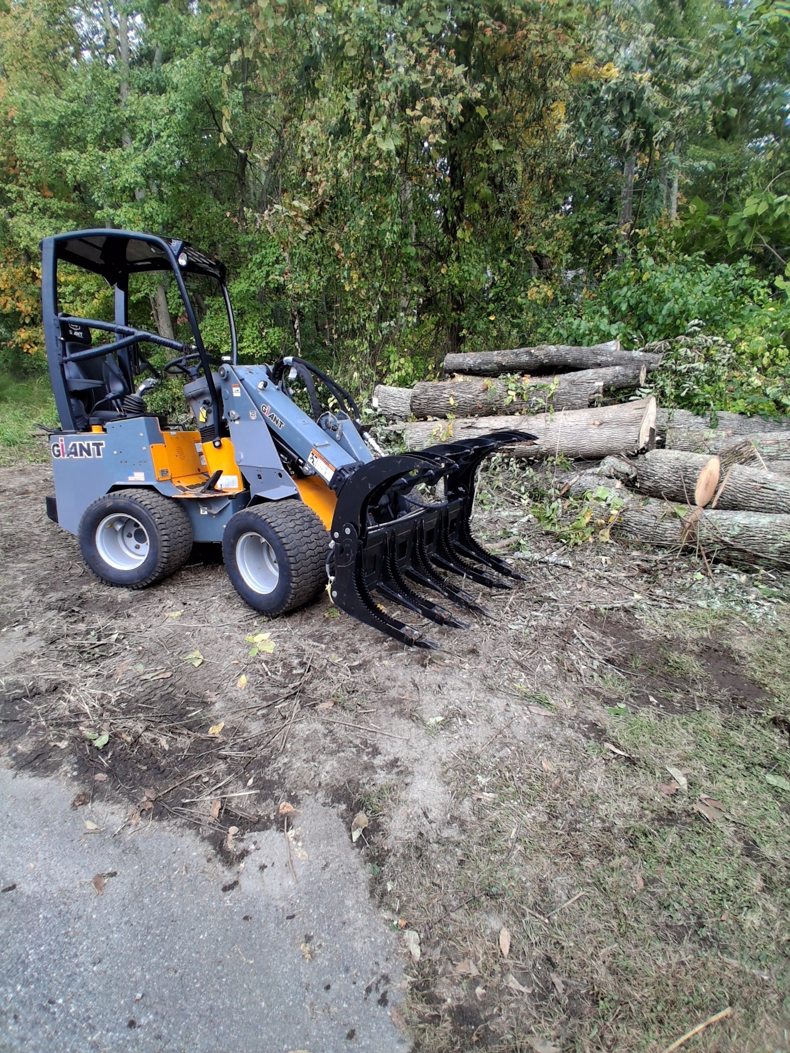 Elliott Tree Service GiANT wheel loader with grapple in Connecticut GiANT compact wheel loader with grapple moving logs and brush with zero lawn damage