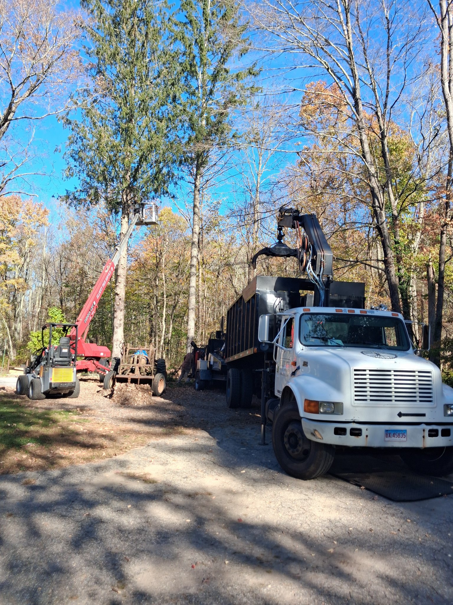 Elliott Tree Service fleet on a job site in Connecticut